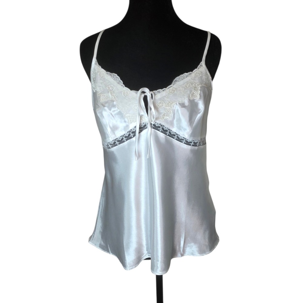White Satin Lace Cami Women Medium Tie Front Lingerie Top